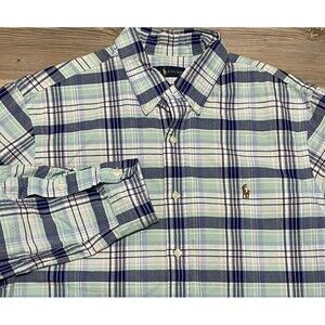 Ralph Lauren Mens Size L Blue Plaid Medium Weight Long Sleeve Button Up Shirt